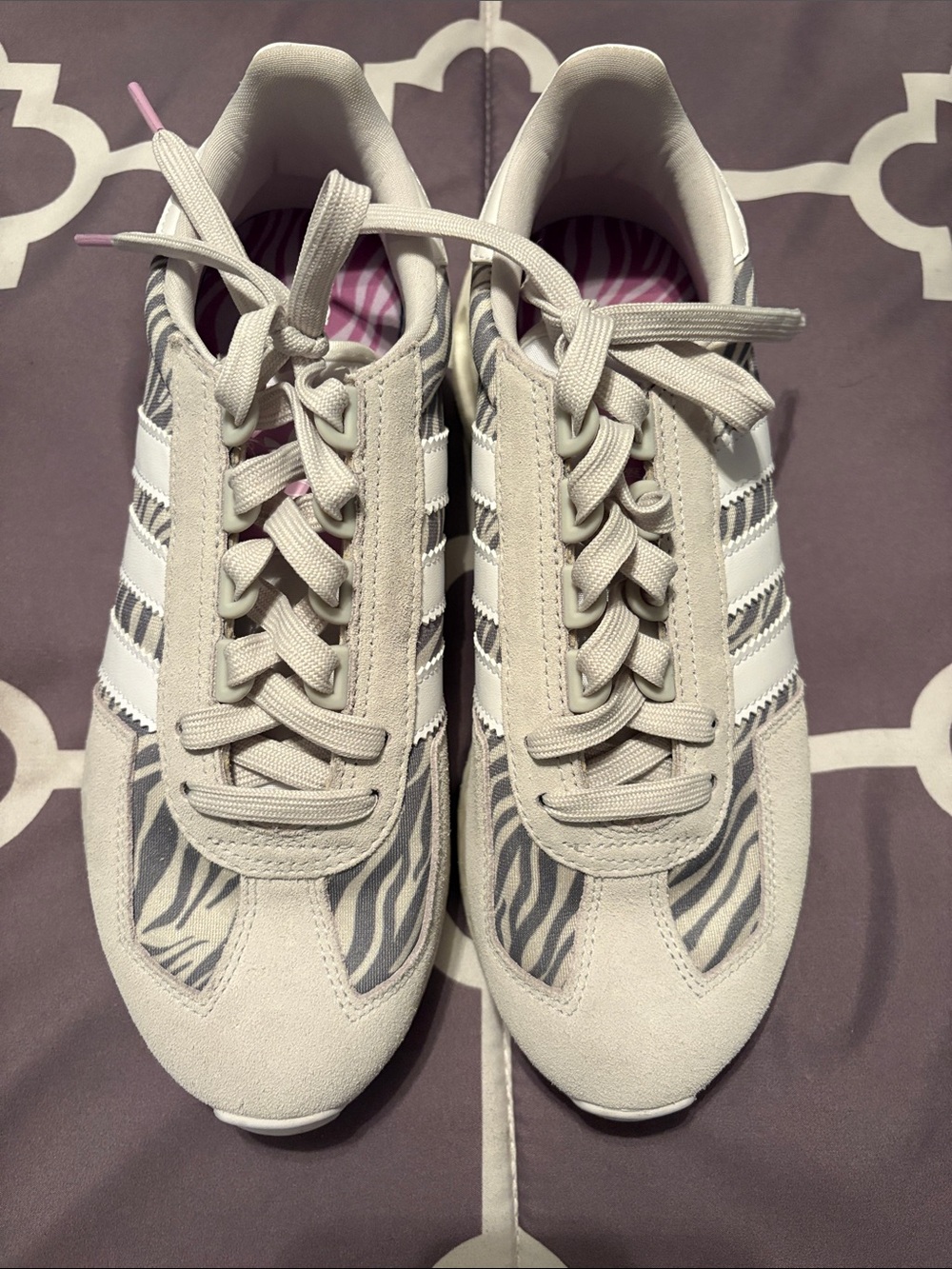 adidas Cream Suede Zebra-Print Lace-Up Sneakers with Pink Accents